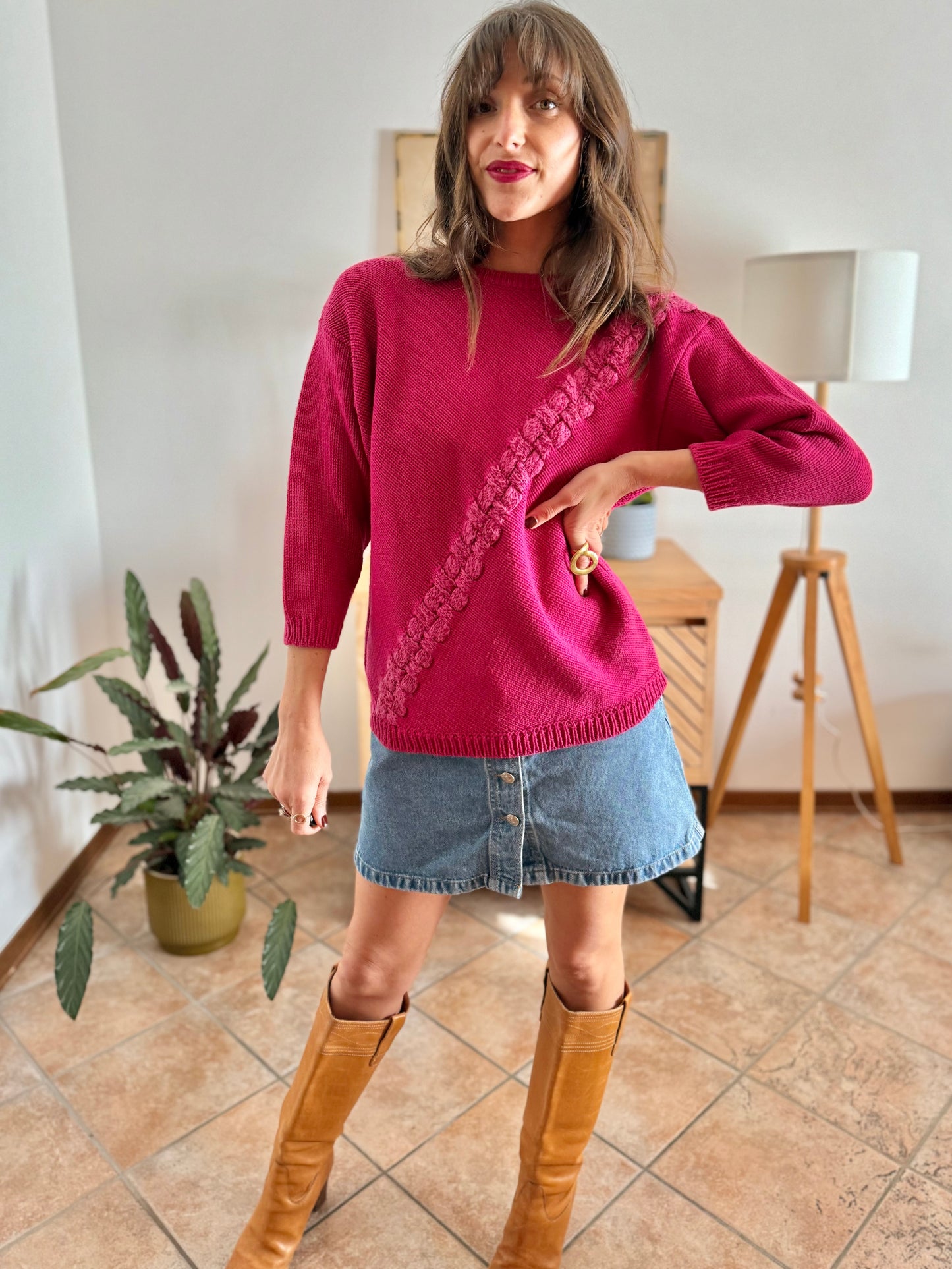 1980's vintage fuchsia knit pullover with texture asymmetrical knit detail