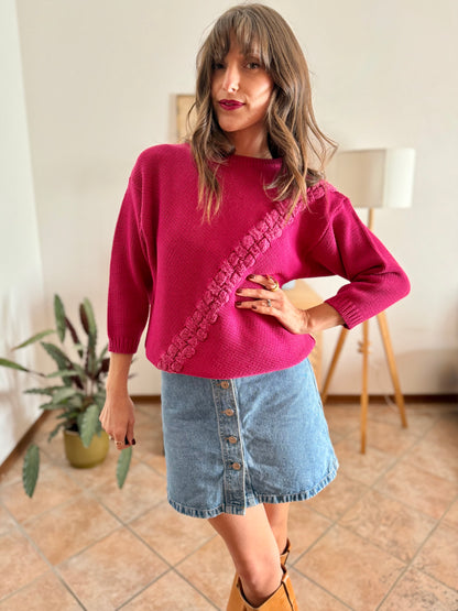 1980's vintage fuchsia knit pullover with texture asymmetrical knit detail