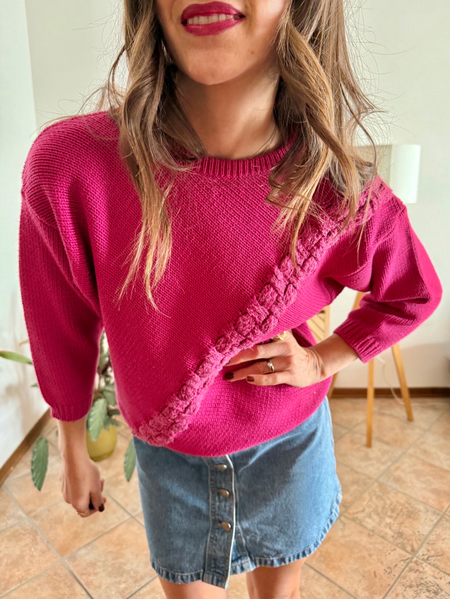 1980's vintage fuchsia knit pullover with texture asymmetrical knit detail