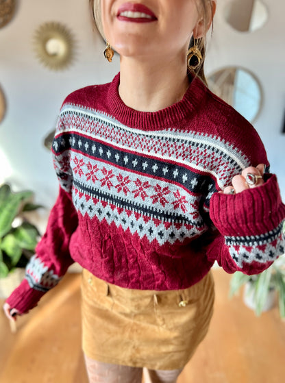 1970's vintage burgundy and grey fair isle knit pattern