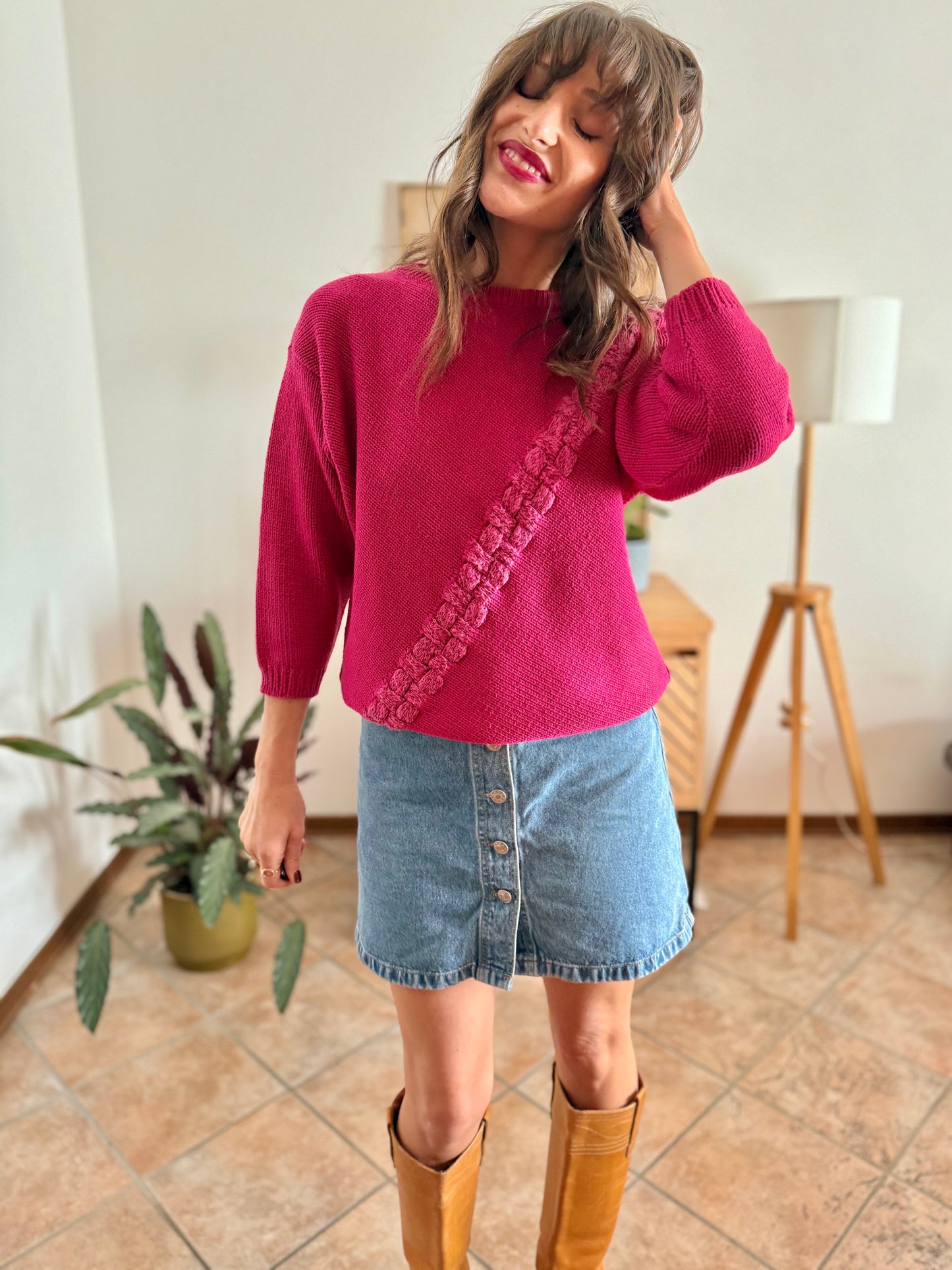 1980's vintage fuchsia knit pullover with texture asymmetrical knit detail