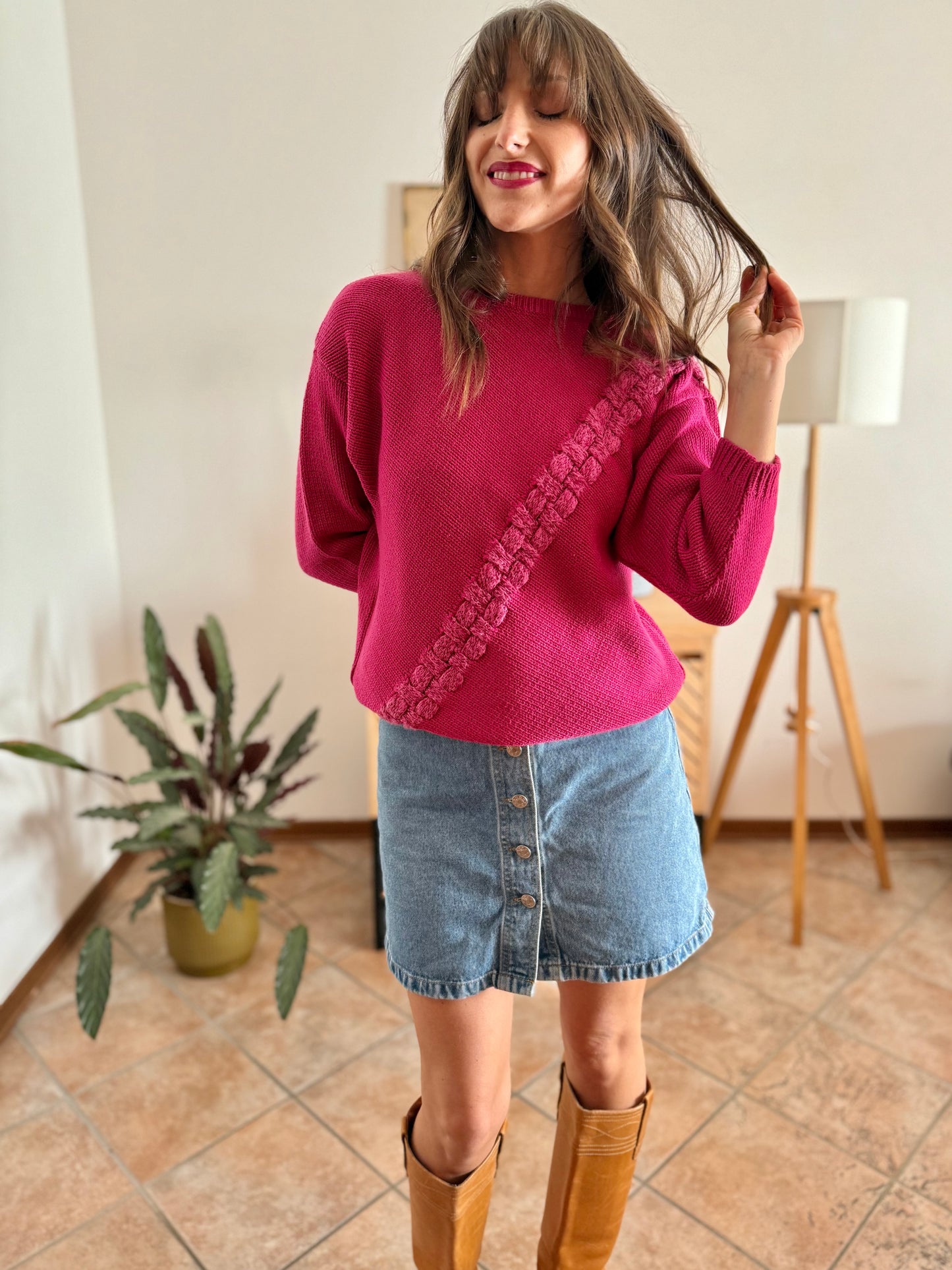 1980's vintage fuchsia knit pullover with texture asymmetrical knit detail