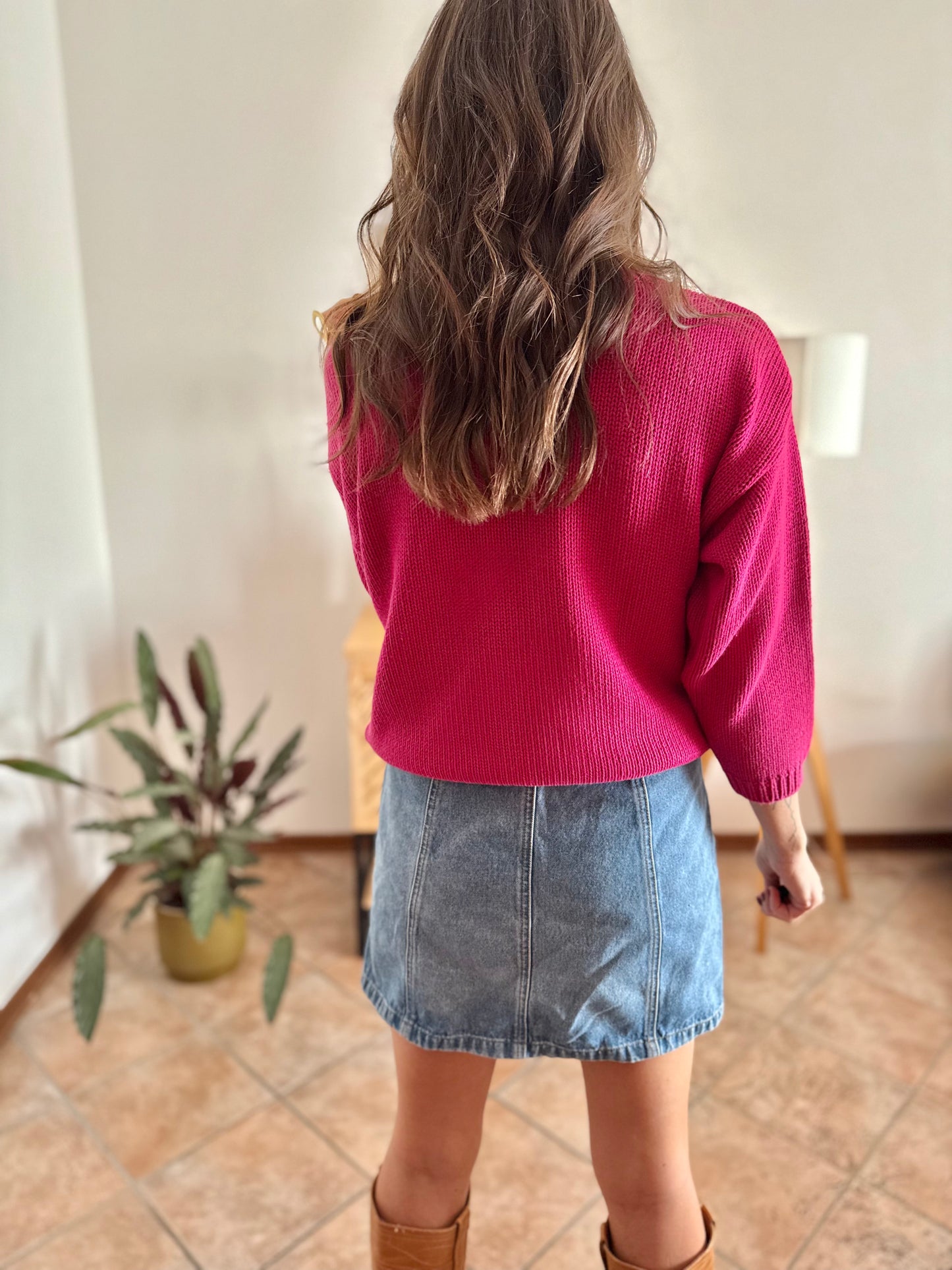 1980's vintage fuchsia knit pullover with texture asymmetrical knit detail