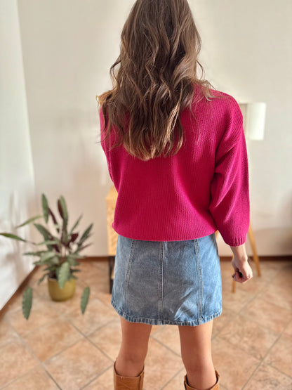 1980's vintage fuchsia knit pullover with texture asymmetrical knit detail