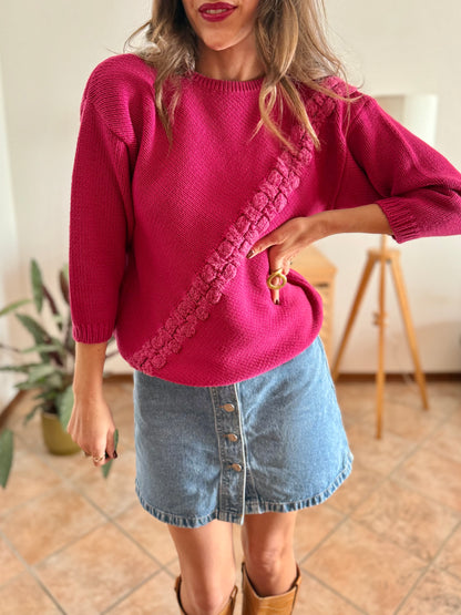 1980's vintage fuchsia knit pullover with texture asymmetrical knit detail