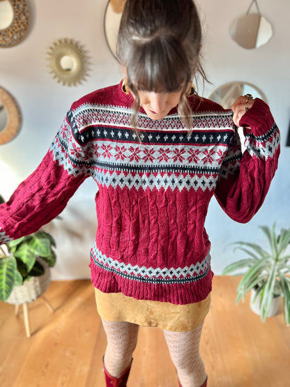 1970's vintage burgundy and grey fair isle knit pattern