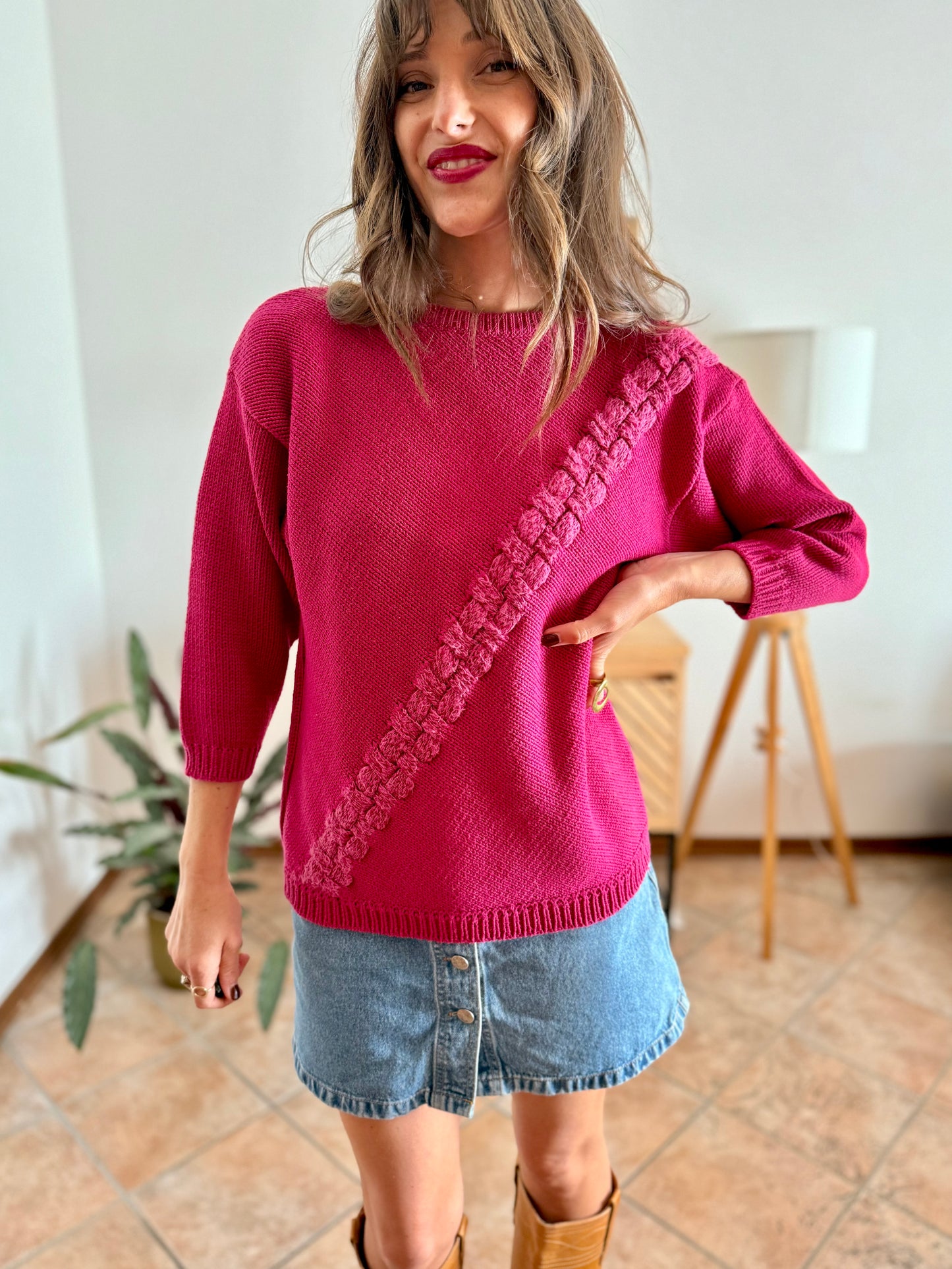 1980's vintage fuchsia knit pullover with texture asymmetrical knit detail