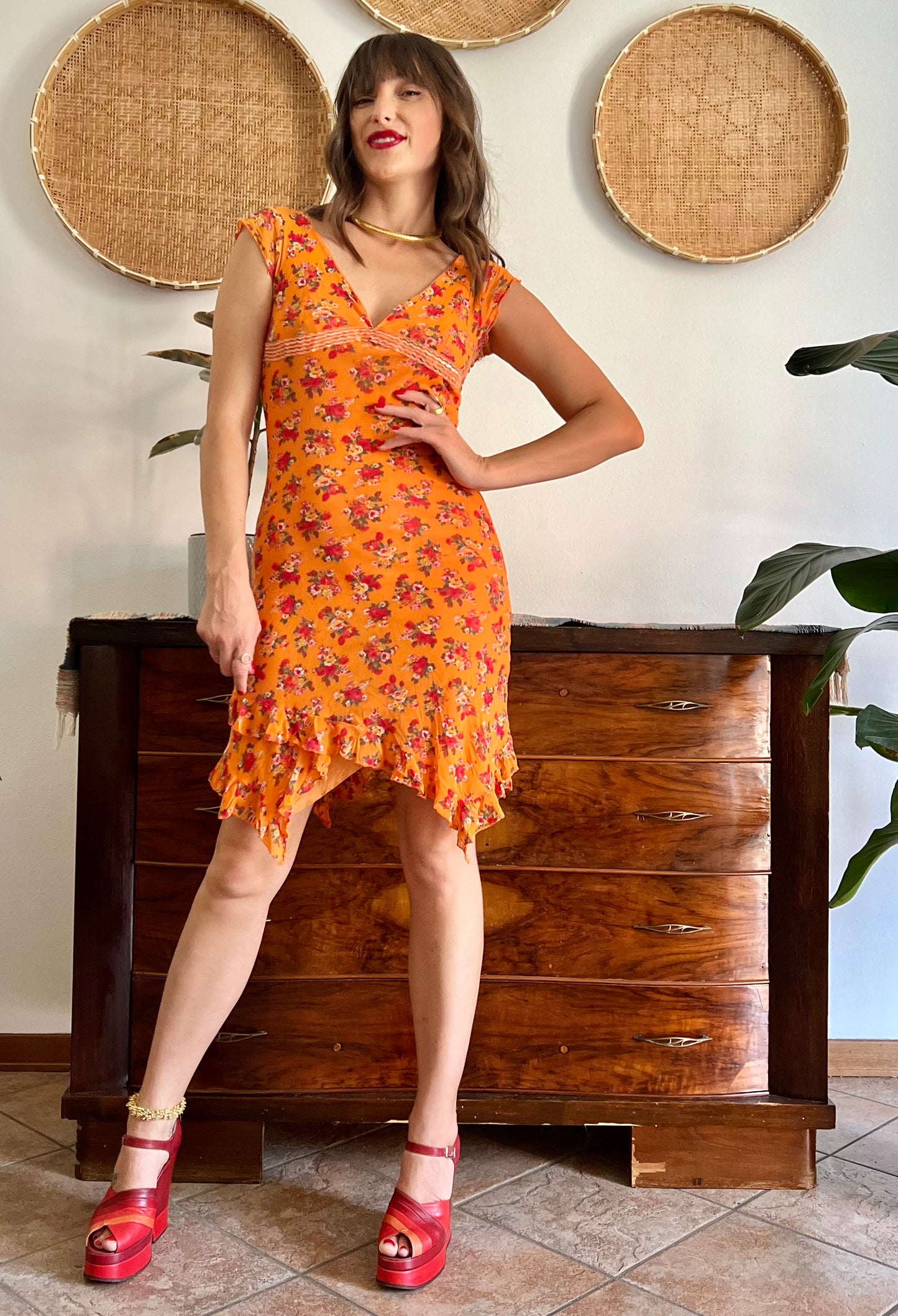 1990's vintage orange floral asymmetrical mini dress