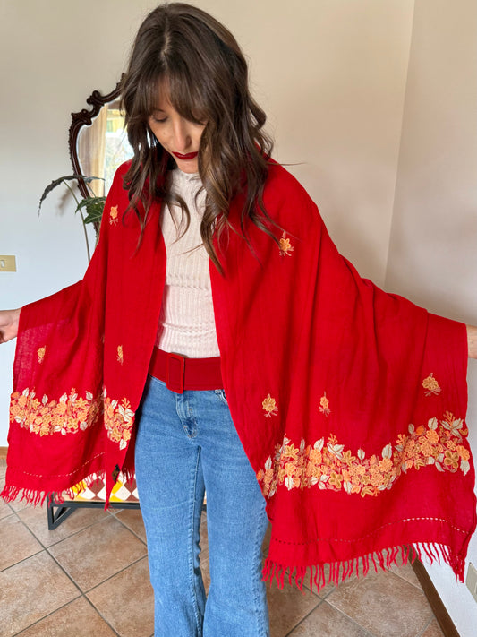 1970's vintage cherry red wool shawl with multicolor floral embroidery and fringe trim