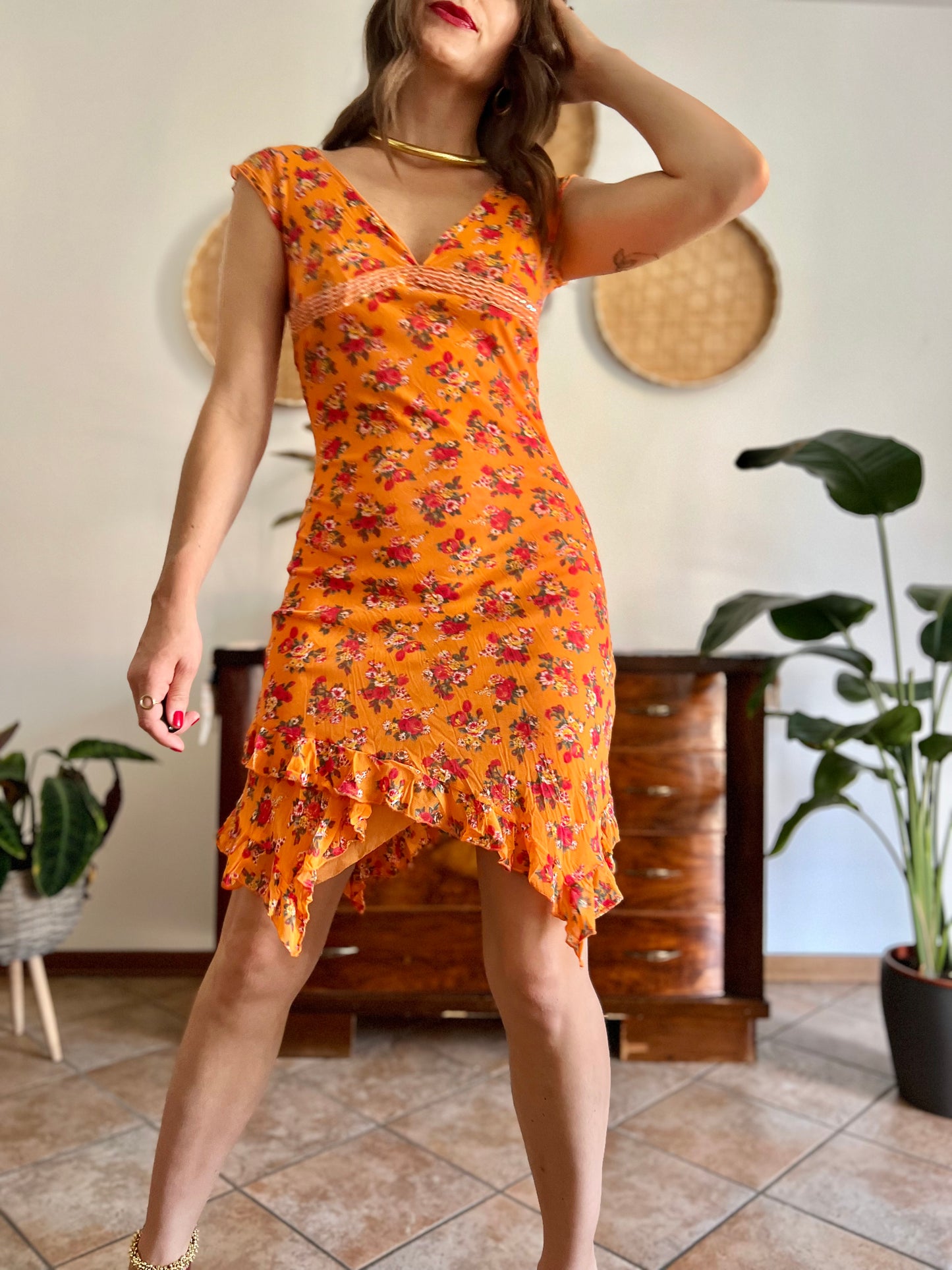 1990's vintage orange floral asymmetrical mini dress