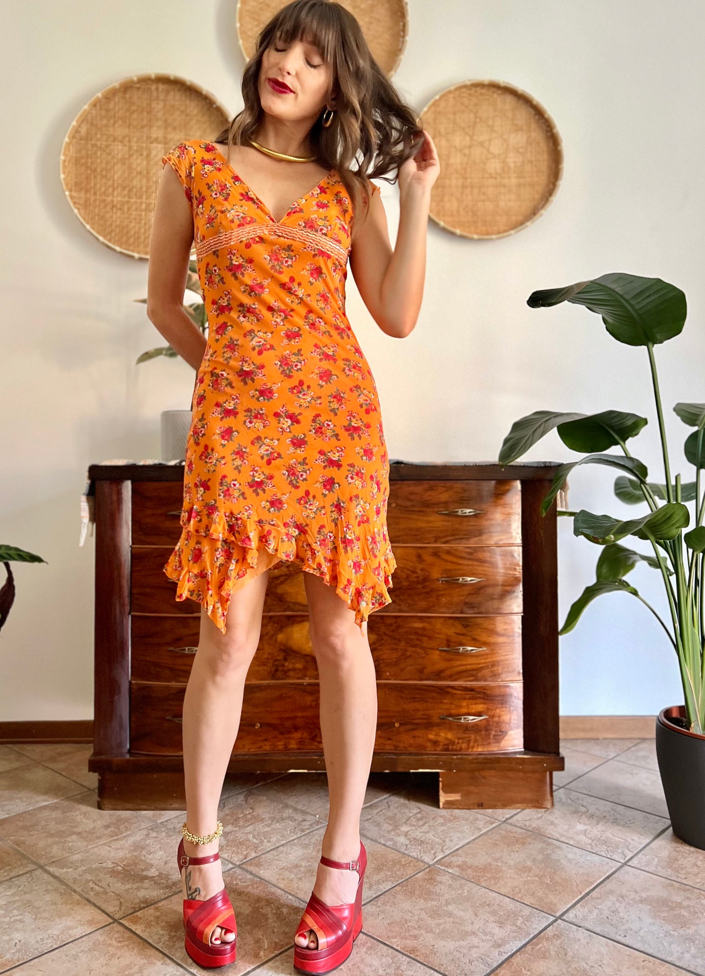 1990's vintage orange floral asymmetrical mini dress