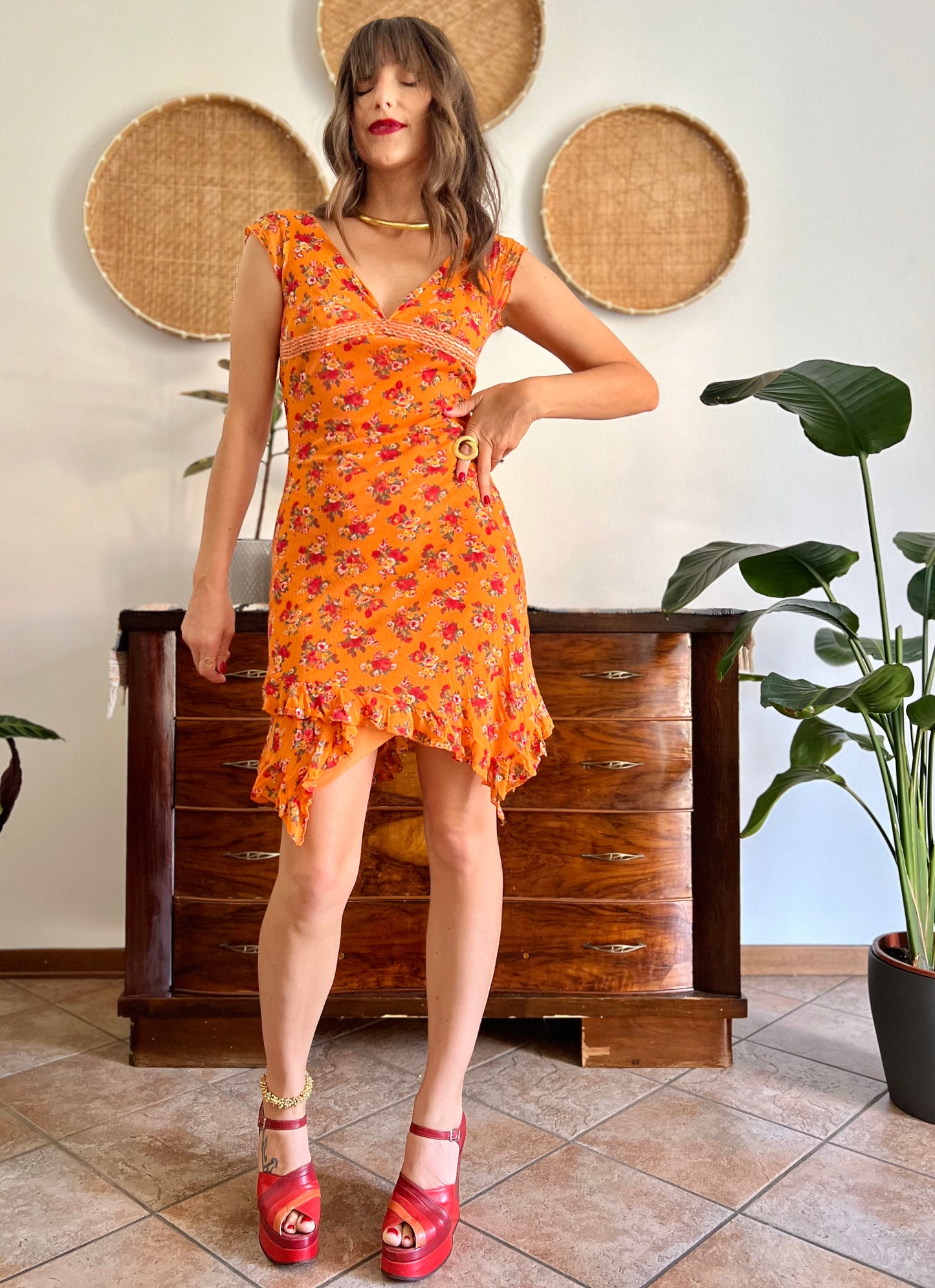 1990's vintage orange floral asymmetrical mini dress