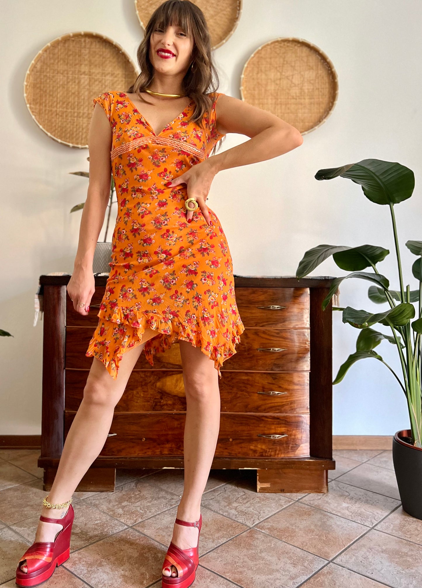 1990's vintage orange floral asymmetrical mini dress