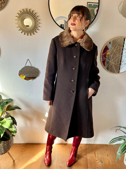 1970's vintage chocolate brown tailored wool coat with faux fur collar