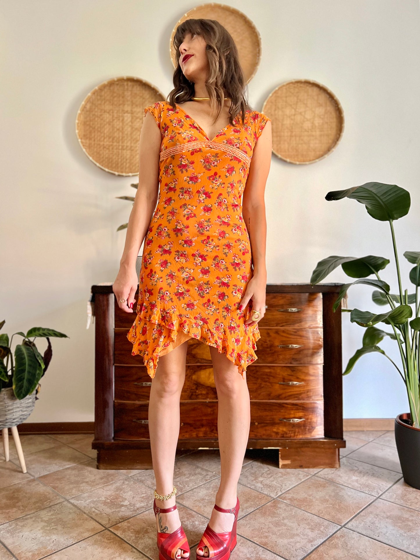 1990's vintage orange floral asymmetrical mini dress
