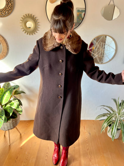 1970's vintage chocolate brown tailored wool coat with faux fur collar