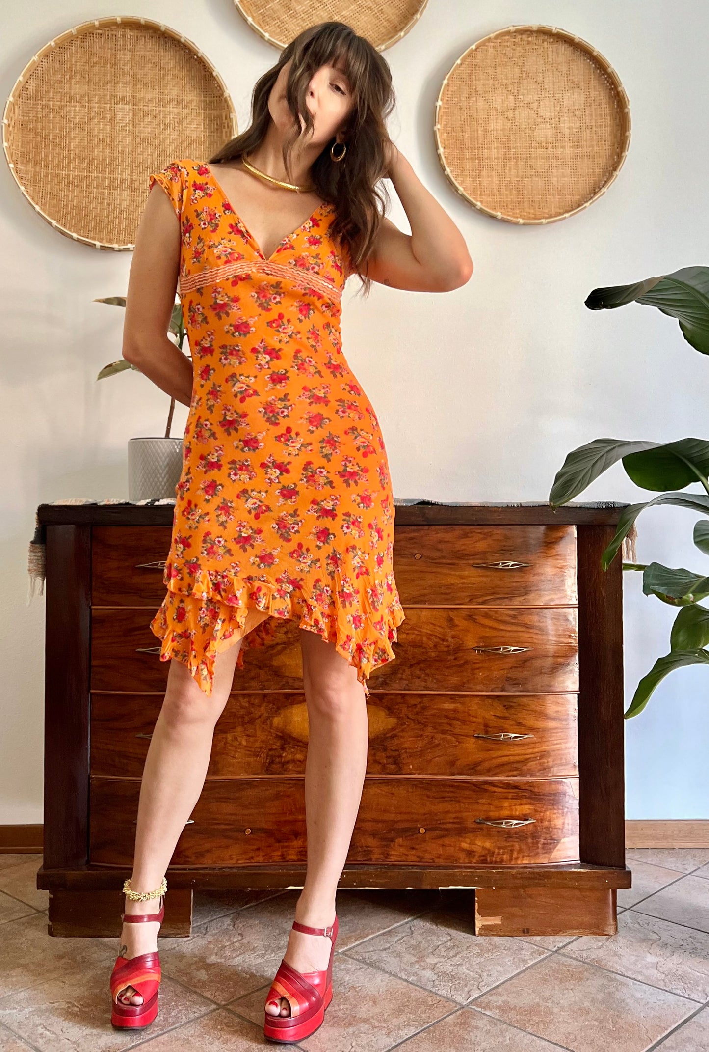 1990's vintage orange floral asymmetrical mini dress