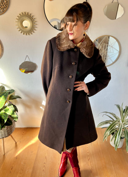 1970's vintage chocolate brown tailored wool coat with faux fur collar