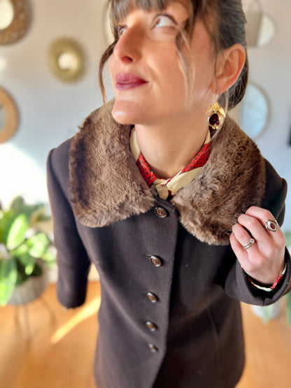 1970's vintage chocolate brown tailored wool coat with faux fur collar