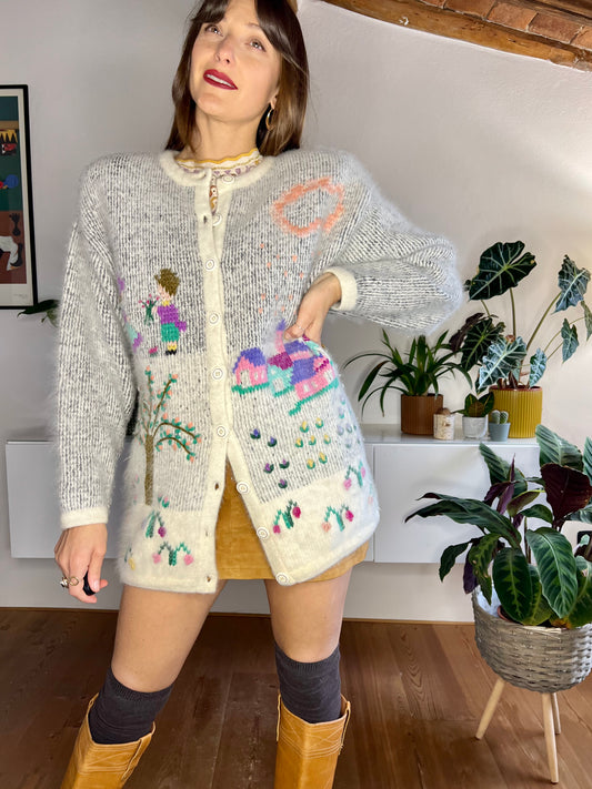 1970's vintage multicolor wool embroidered cottage scene cardigan