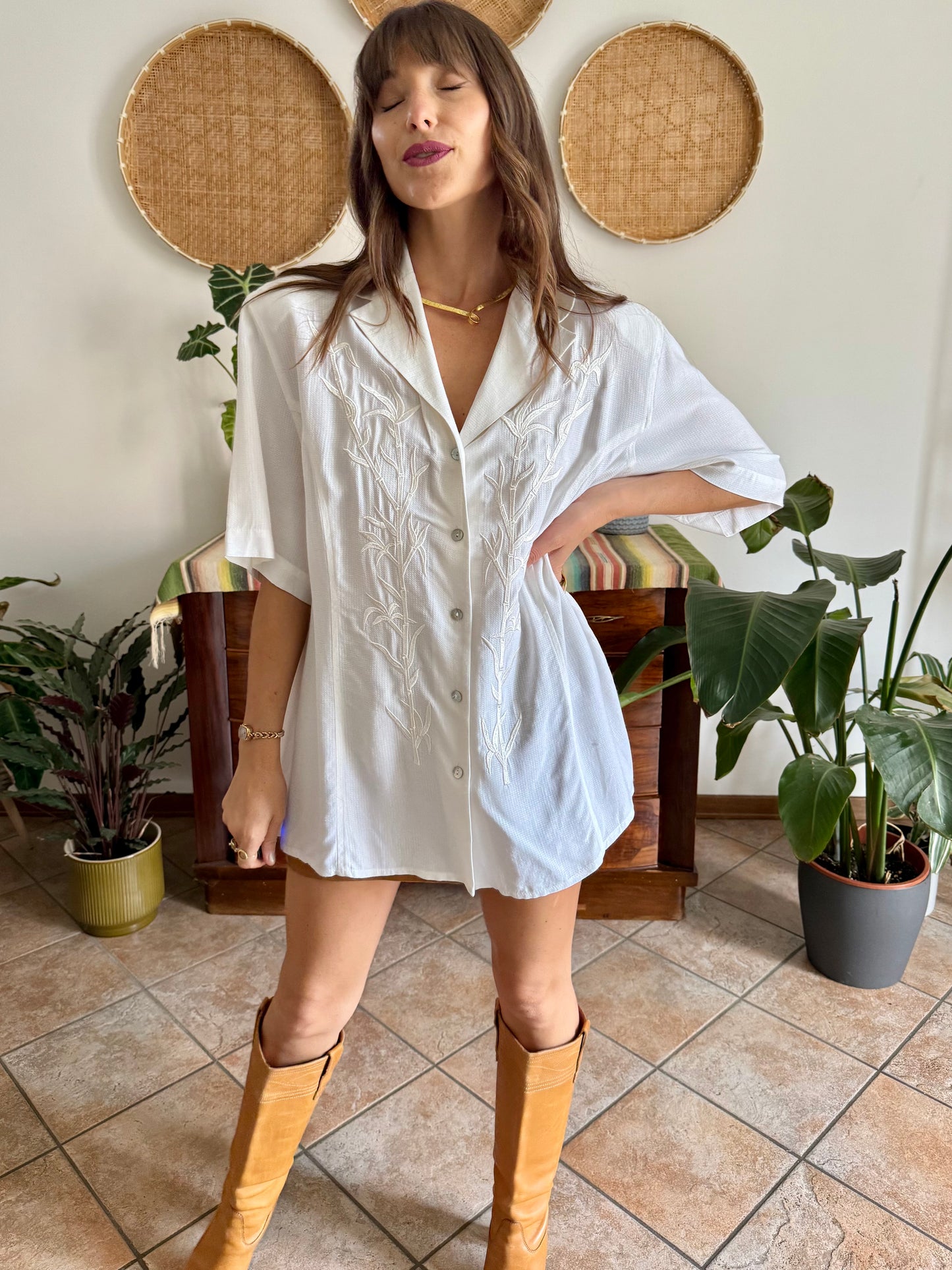 1990's vintage oversize textured blouse with bamboo embroidered detail