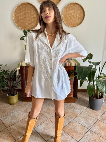 1990's vintage oversize textured blouse with bamboo embroidered detail