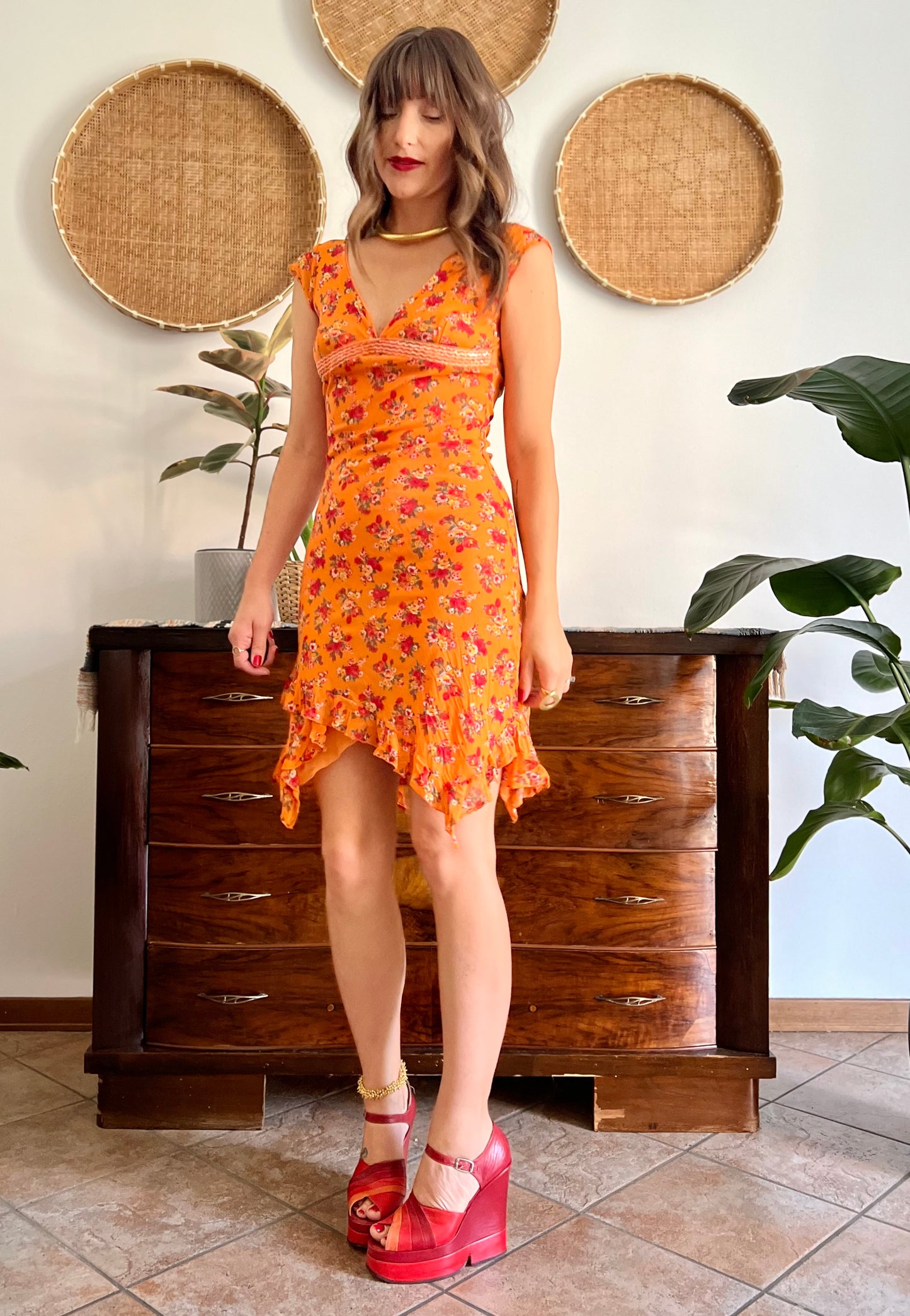 1990's vintage orange floral asymmetrical mini dress