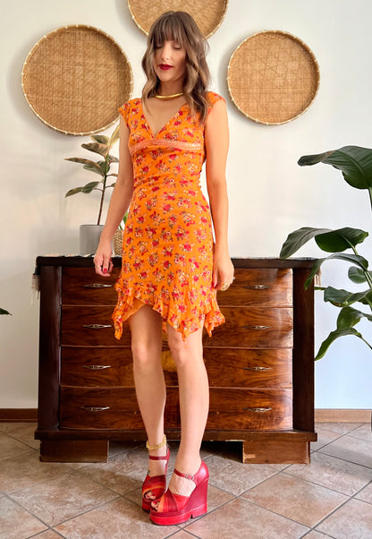 1990's vintage orange floral asymmetrical mini dress