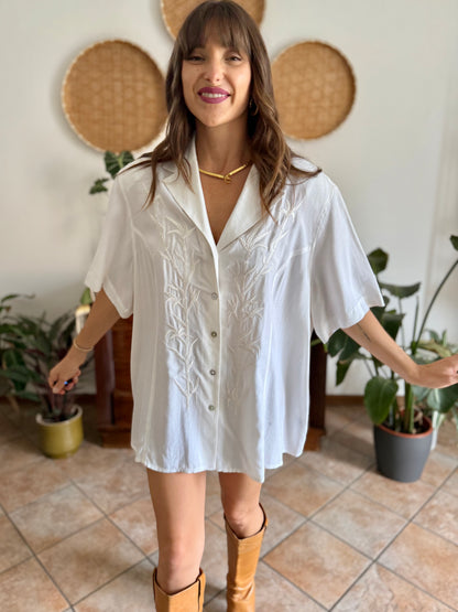 1990's vintage oversize textured blouse with bamboo embroidered detail