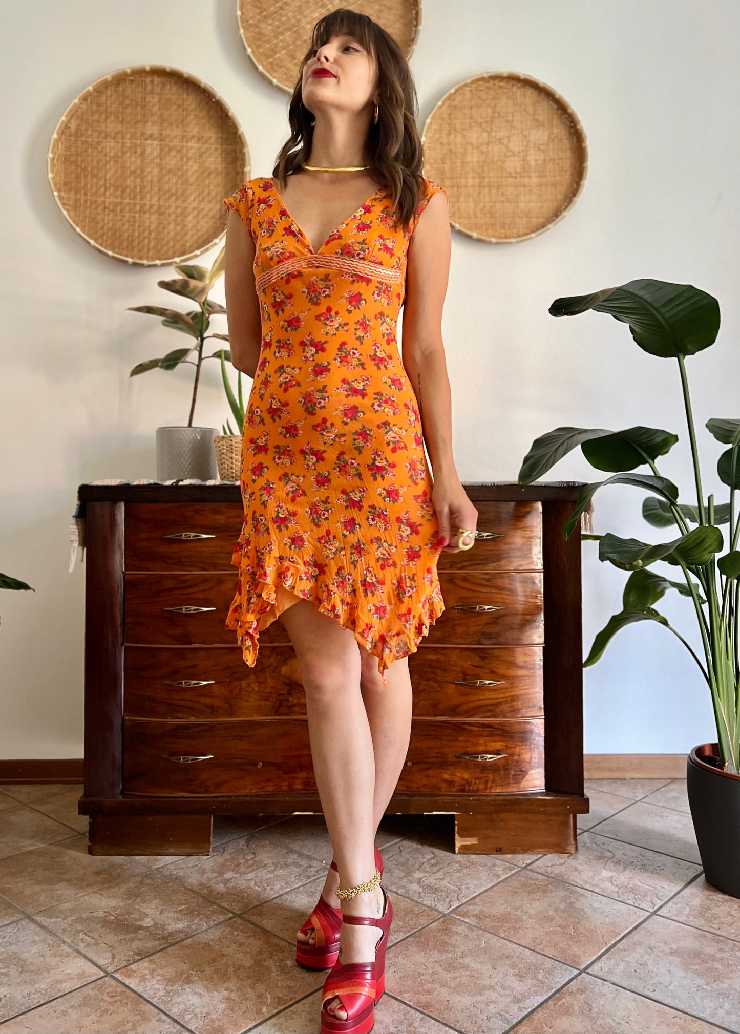 1990's vintage orange floral asymmetrical mini dress
