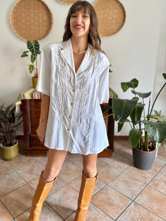 1990's vintage oversize textured blouse with bamboo embroidered detail