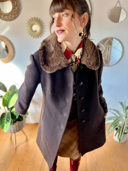 1970's vintage chocolate brown tailored wool coat with faux fur collar