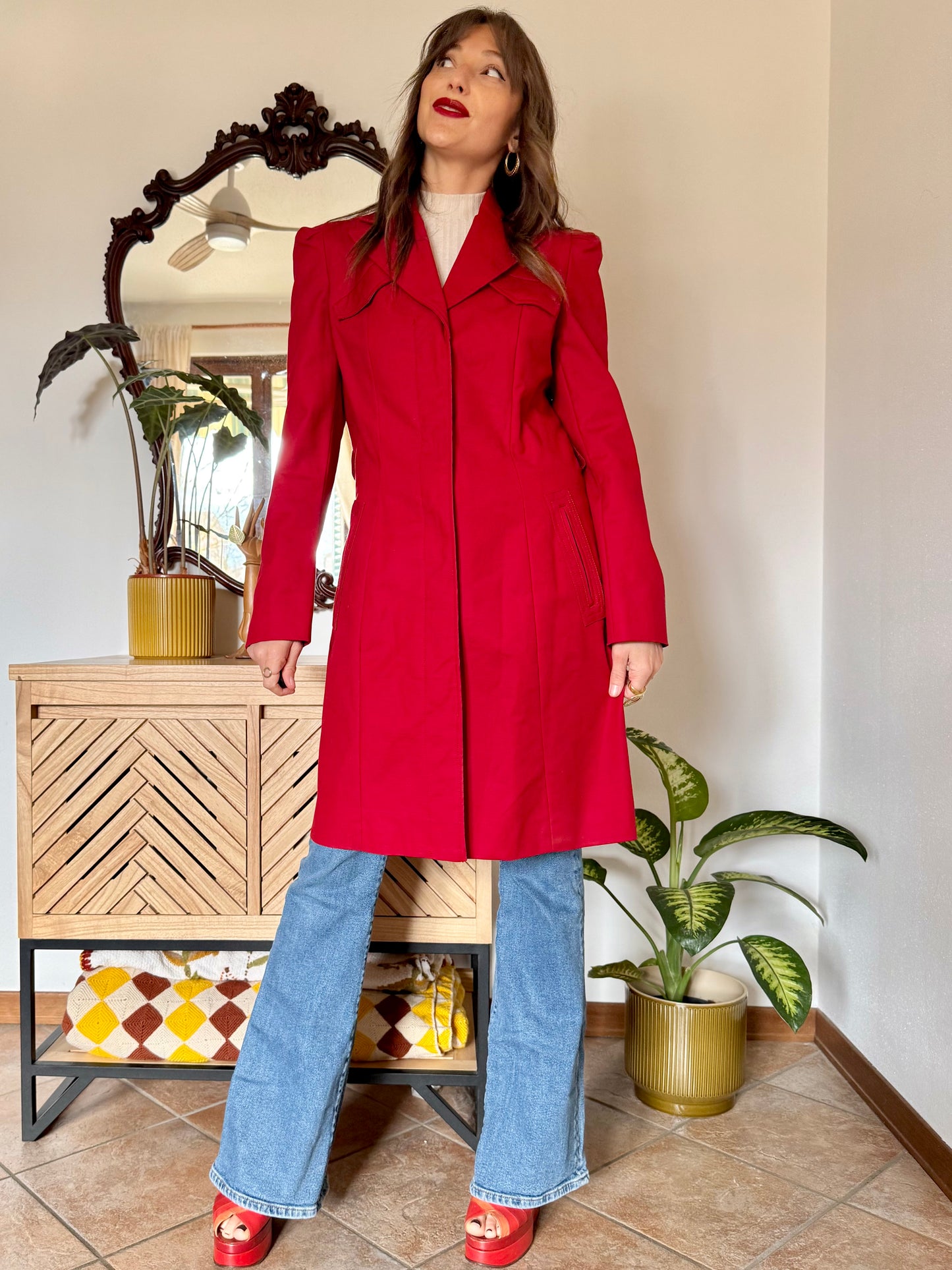 1990's vintage cherry red trench coat with white and red abstract geometric satin lining