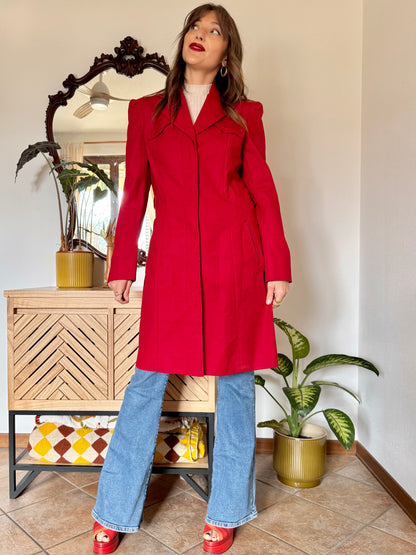 1990's vintage cherry red trench coat with white and red abstract geometric satin lining