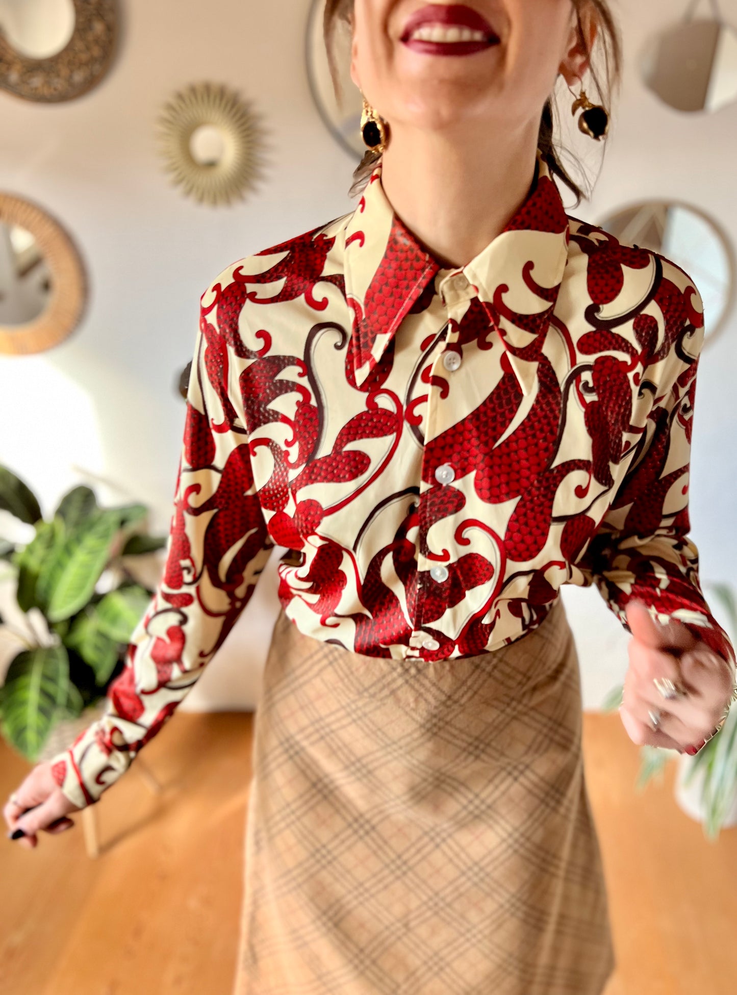 1970's vintage cream dagger collar blouse with red and burgundy paisley print