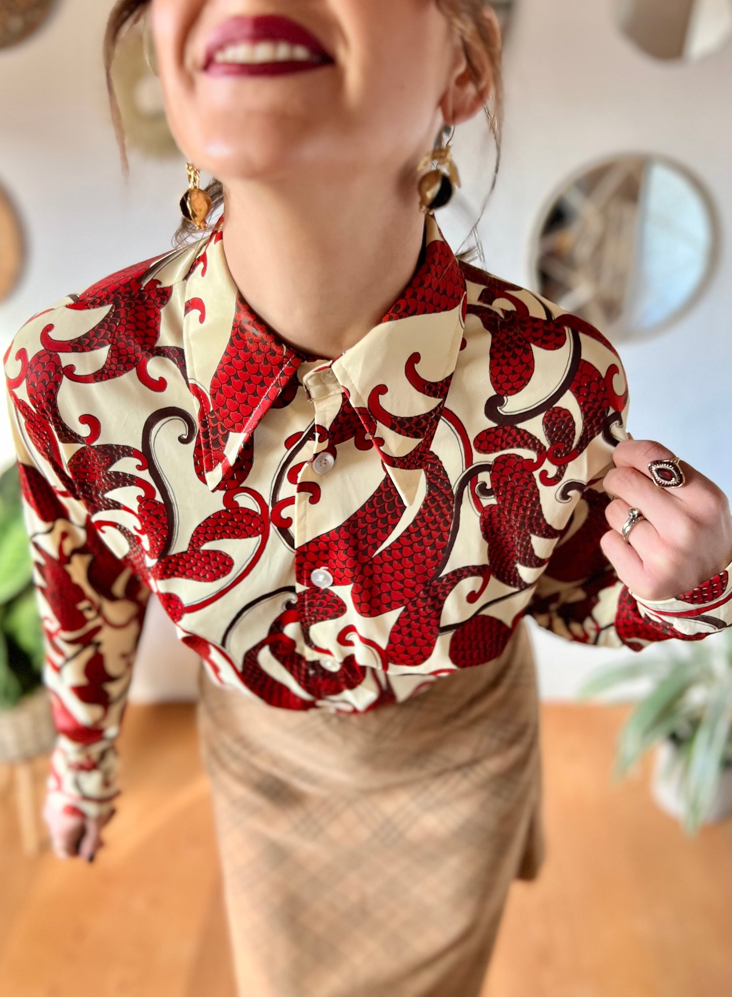 1970's vintage cream dagger collar blouse with red and burgundy paisley print