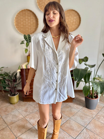 1990's vintage oversize textured blouse with bamboo embroidered detail