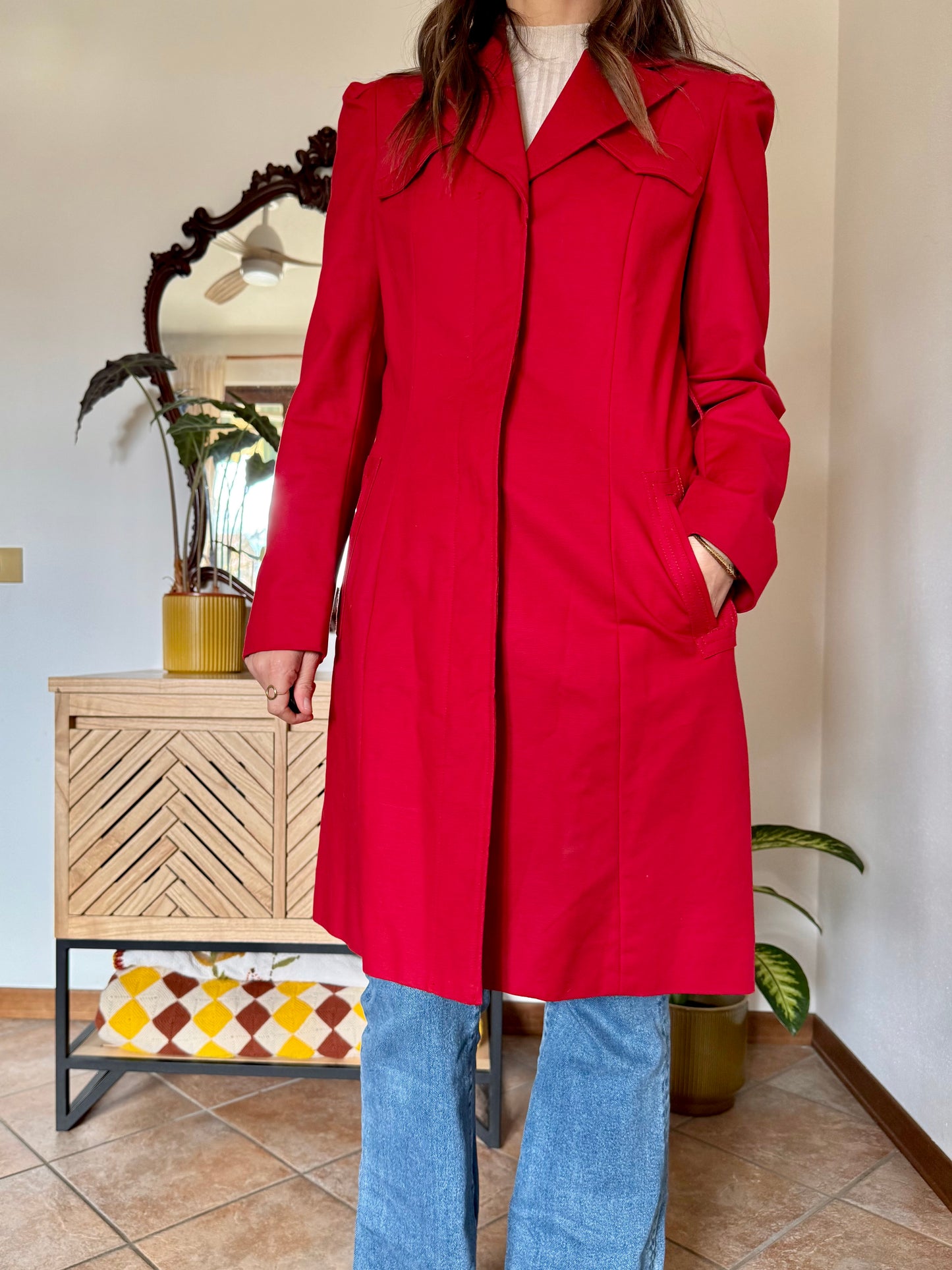 1990's vintage cherry red trench coat with white and red abstract geometric satin lining