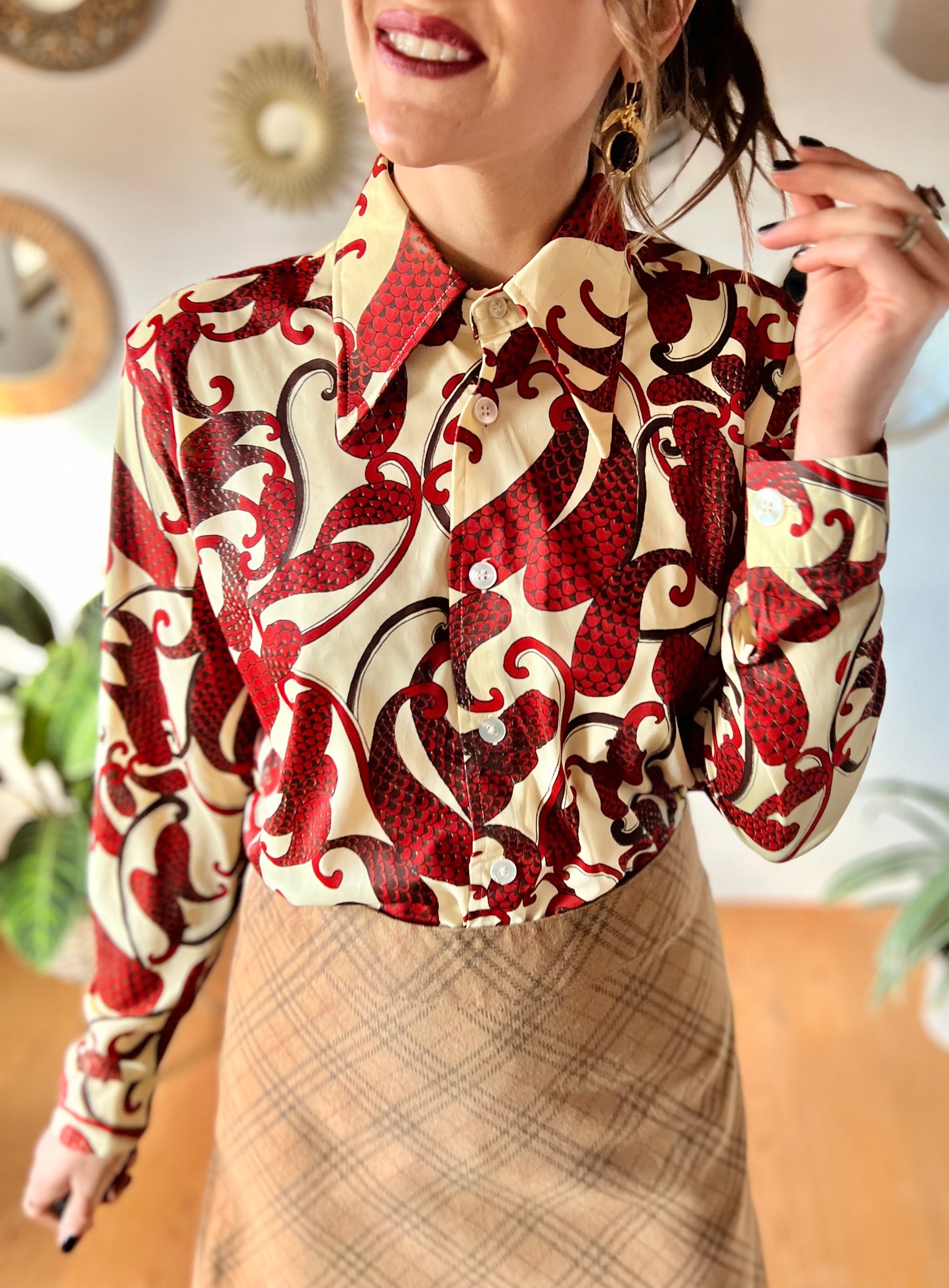 1970's vintage cream dagger collar blouse with red and burgundy paisley print