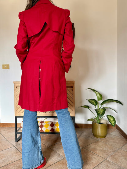 1990's vintage cherry red trench coat with white and red abstract geometric satin lining