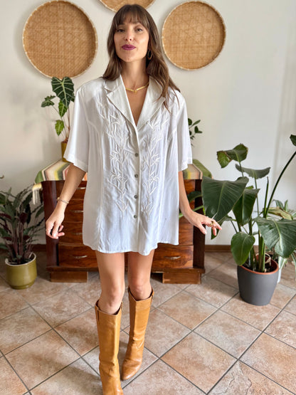 1990's vintage oversize textured blouse with bamboo embroidered detail