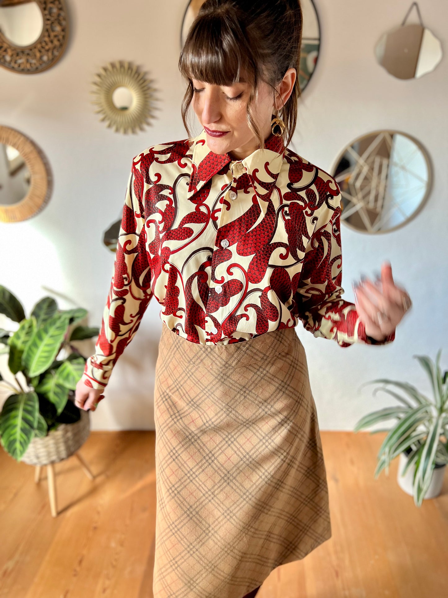 1970's vintage cream dagger collar blouse with red and burgundy paisley print