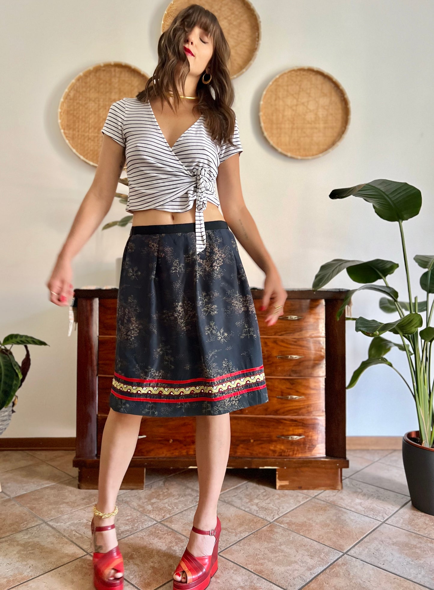 1970's vintage Navy, red and yellow floral midi dress