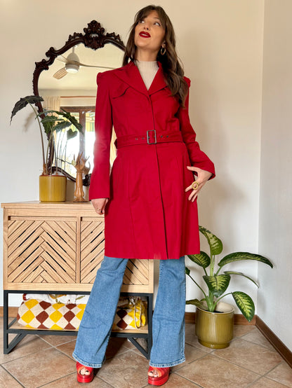 1990's vintage cherry red trench coat with white and red abstract geometric satin lining