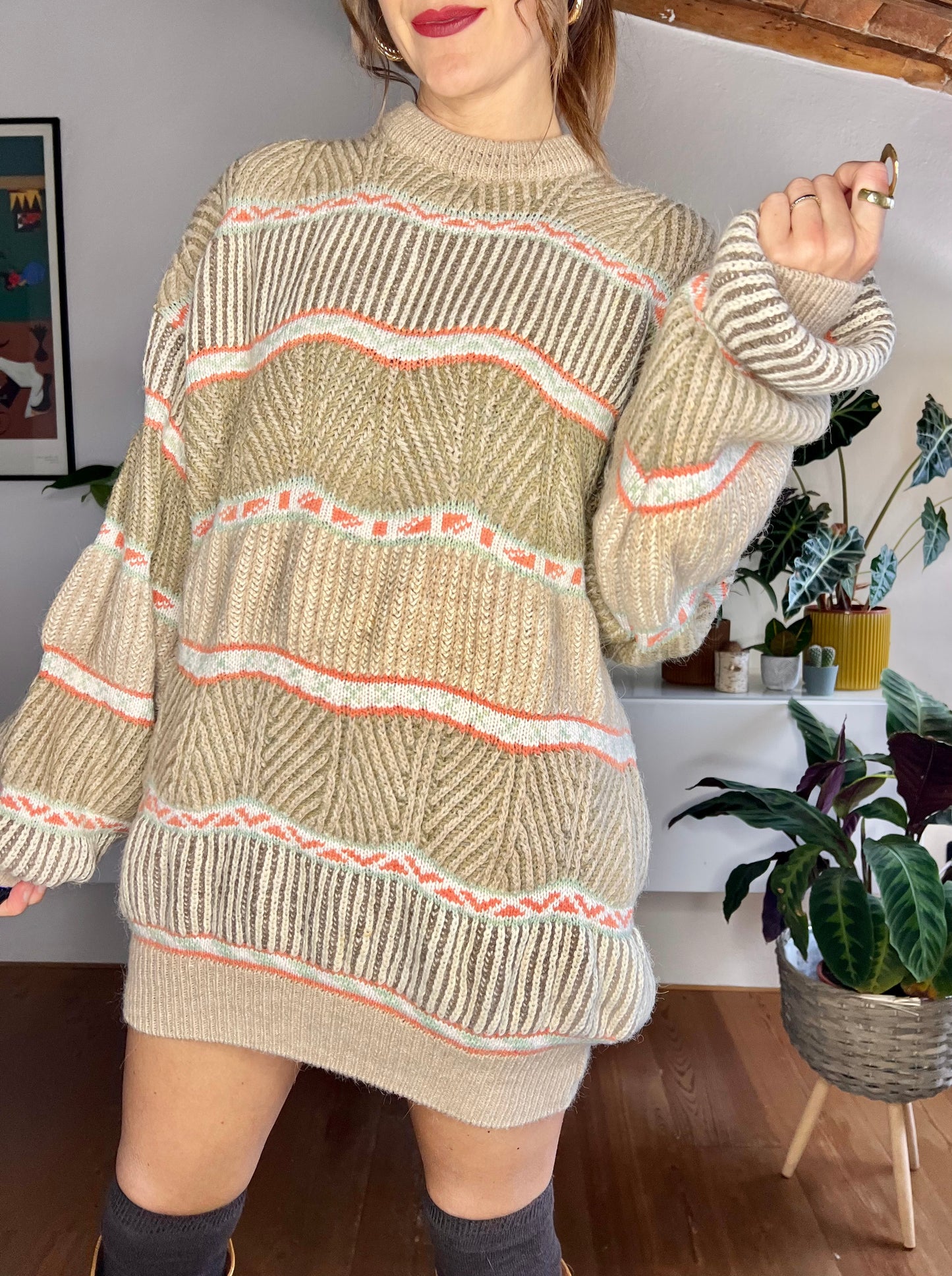 1970's vintage tan, orange and mint knit pullover