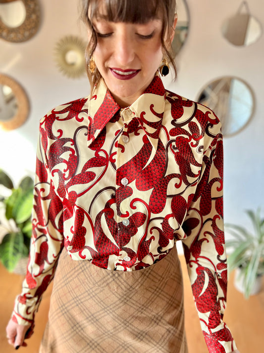 1970's vintage cream dagger collar blouse with red and burgundy paisley print