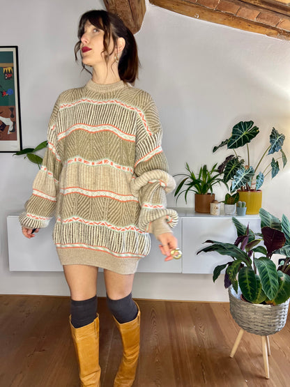 1970's vintage tan, orange and mint knit pullover