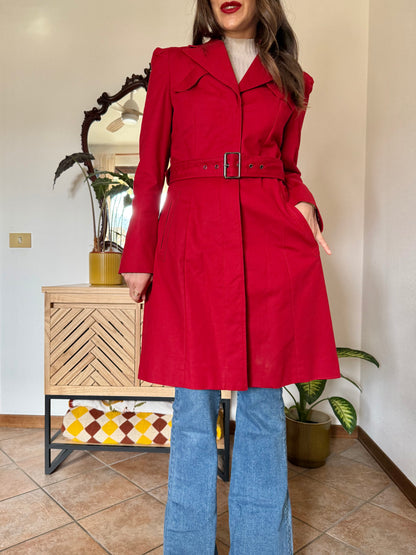 1990's vintage cherry red trench coat with white and red abstract geometric satin lining
