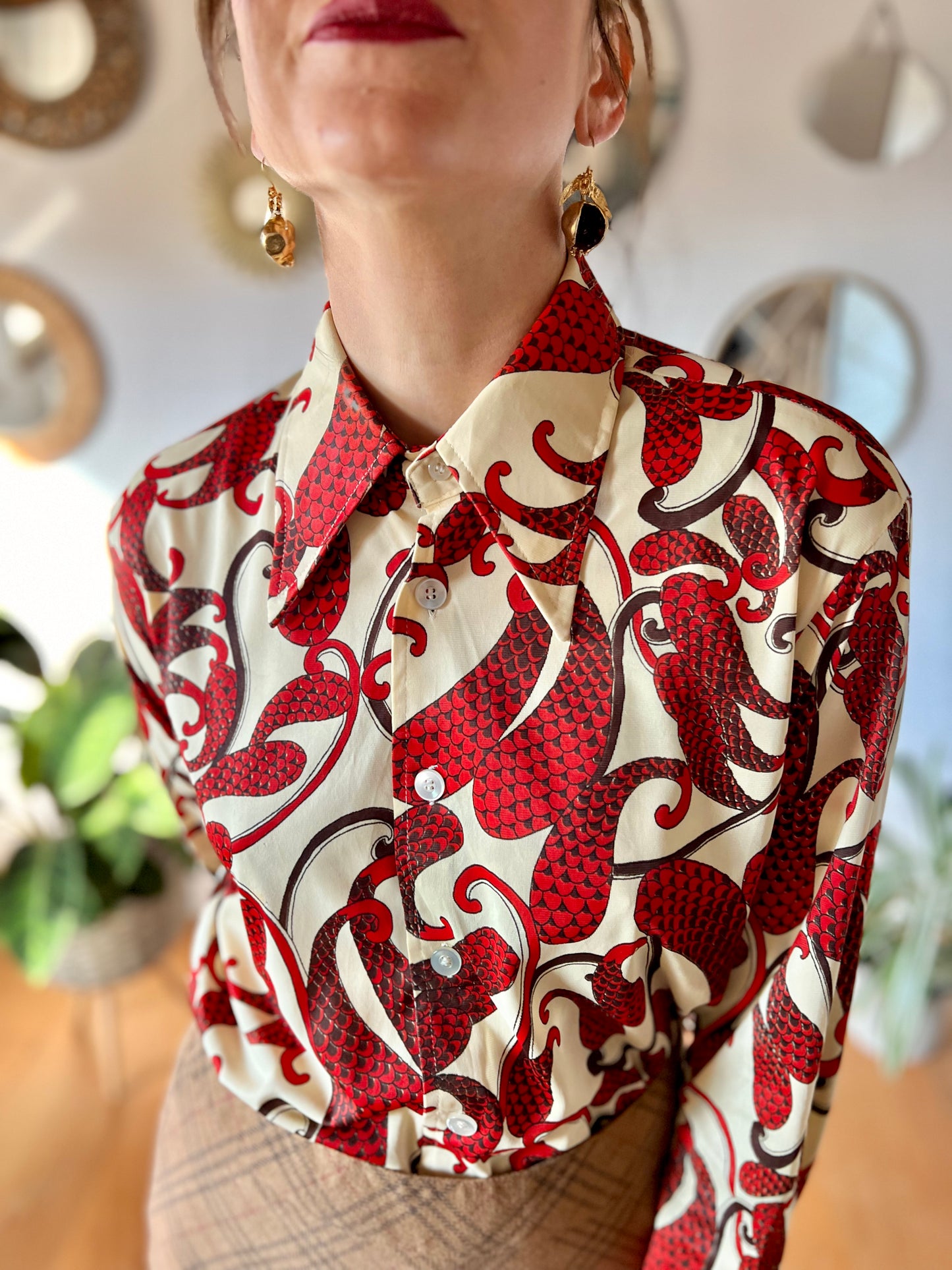 1970's vintage cream dagger collar blouse with red and burgundy paisley print