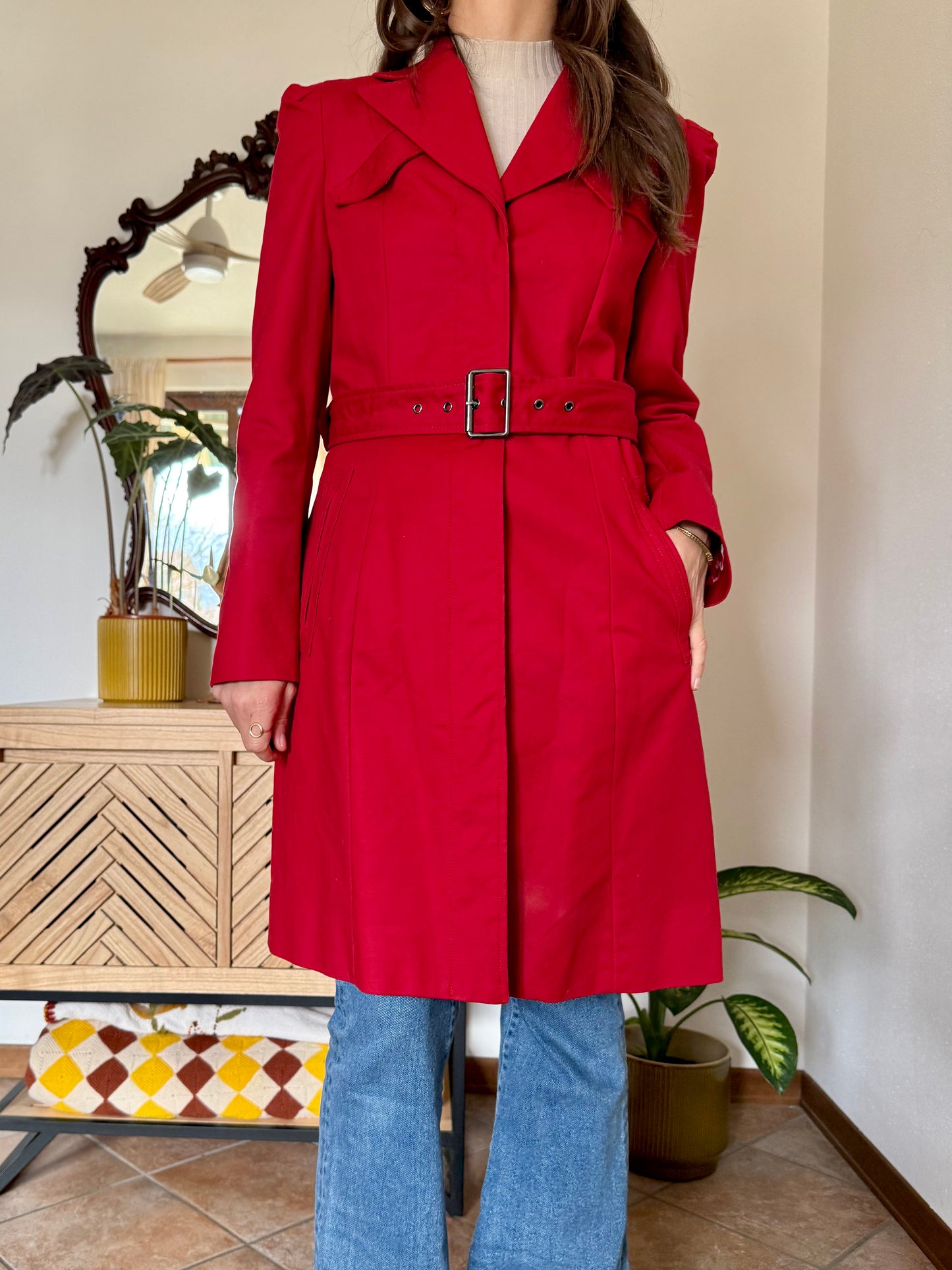 1990's vintage cherry red trench coat with white and red abstract geometric satin lining